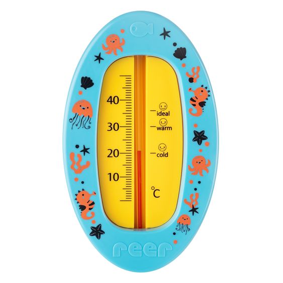 Reer Badethermometer oval mit Markierung für die optimale Badethemperatur, quecksilberfrei - Blau