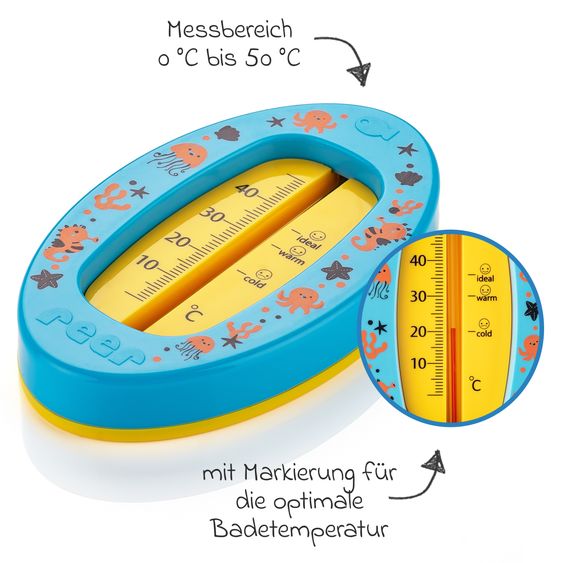 Reer Badethermometer oval mit Markierung für die optimale Badethemperatur, quecksilberfrei - Blau