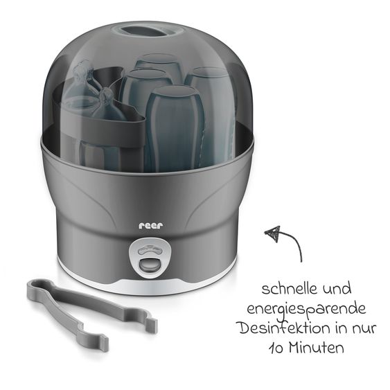 Reer Dispositivo di disinfezione VapoMat S per 6 biberon e accessori in 10 min. a base di vapore d'acqua - Antracite / Grigio