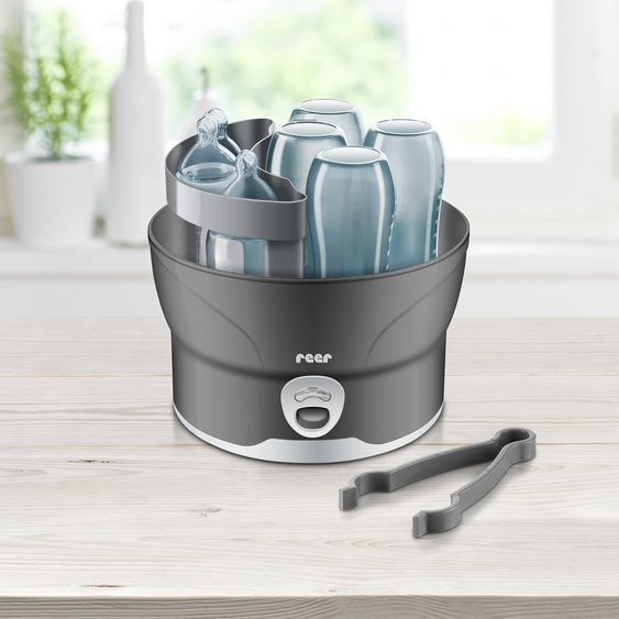 Reer Dispositivo di disinfezione VapoMat S per 6 biberon e accessori in 10 min. a base di vapore d'acqua - Antracite / Grigio