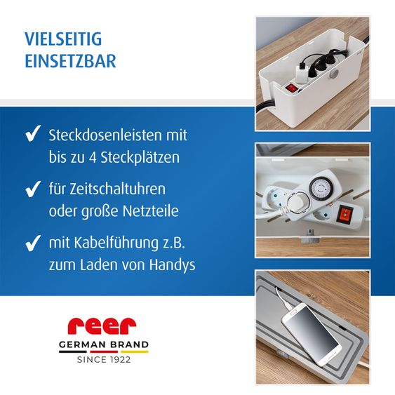 Reer Kabelbox CableGuard zum Kindersicheren Verstauen von Steckdosenleisten - Weiß Grau