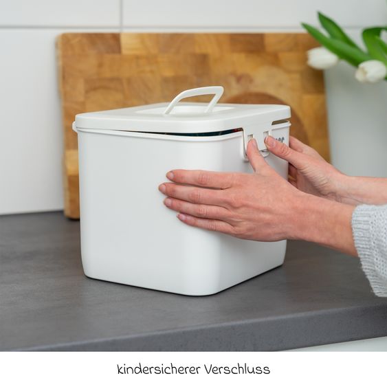 Reer Kindersichere Aufbewahrungsbox SafeContainer für Wasch- und Spülmitteltabs und viel mehr - Weiß
