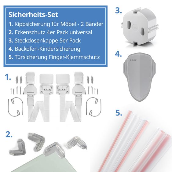 Reer Sicherheits-Set mit Kippschutz, Steckdosenschutz & Sicherungen für Türen, Ecken, Backöfen