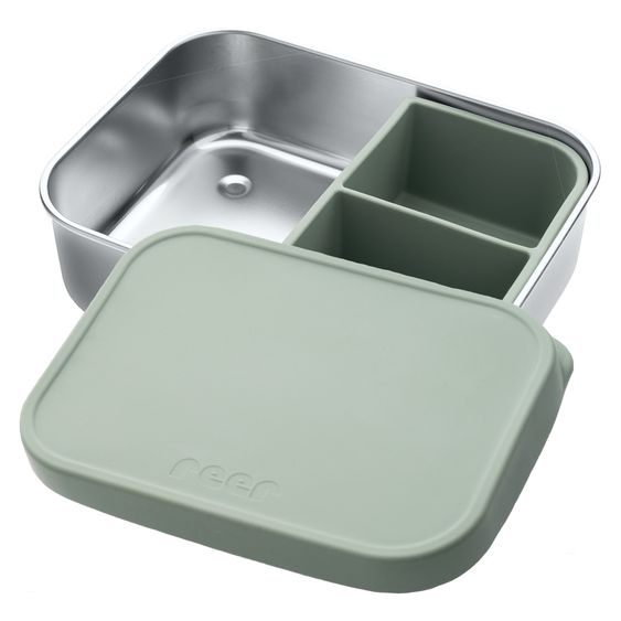 Reer Contenitore per pane in silicone e acciaio inox con contenitore separato, capacità circa 700 ml - Argento / Verde