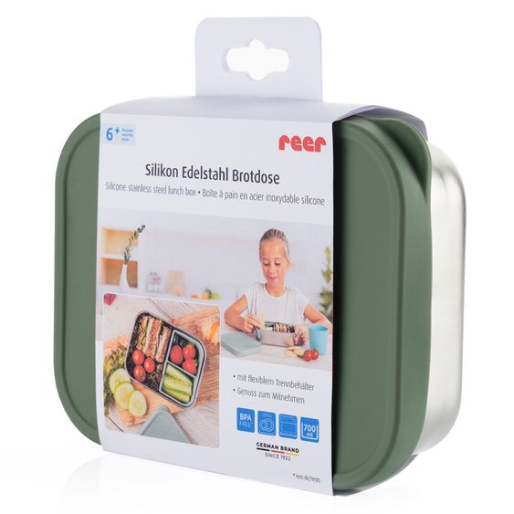 Reer Contenitore per pane in silicone e acciaio inox con contenitore separato, capacità circa 700 ml - Argento / Verde