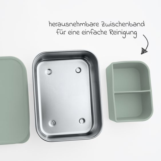 Reer Contenitore per pane in silicone e acciaio inox con contenitore separato, capacità circa 700 ml - Argento / Verde