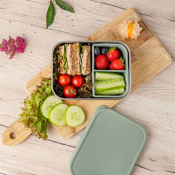 Reer Contenitore per pane in silicone e acciaio inox con contenitore separato, capacità circa 700 ml - Argento / Verde