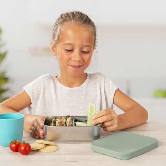 Reer Contenitore per pane in silicone e acciaio inox con contenitore separato, capacità circa 700 ml - Argento / Verde