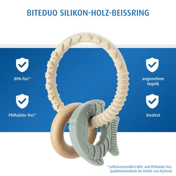 Reer Anneau De Dentition Silicone Bois BiteDuo Soutient Pendant La Dentition Et Favorise La Motricité Fine - Beige Vert