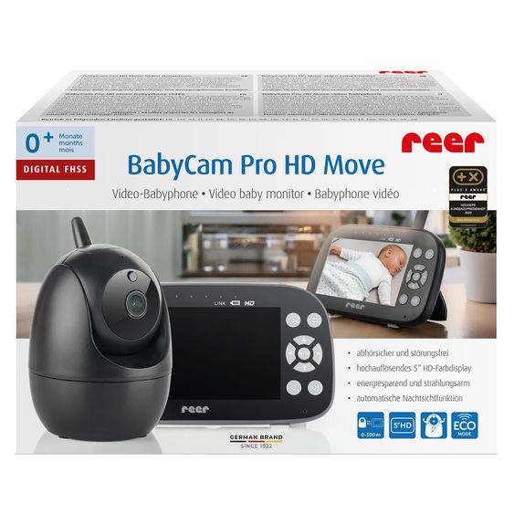 Reer Video-Babyphone BabyCam Pro HD Move mit Babyeinheit, Elternteil, 2 x USB-Kabel & 2 x Netzteil - Schwarz