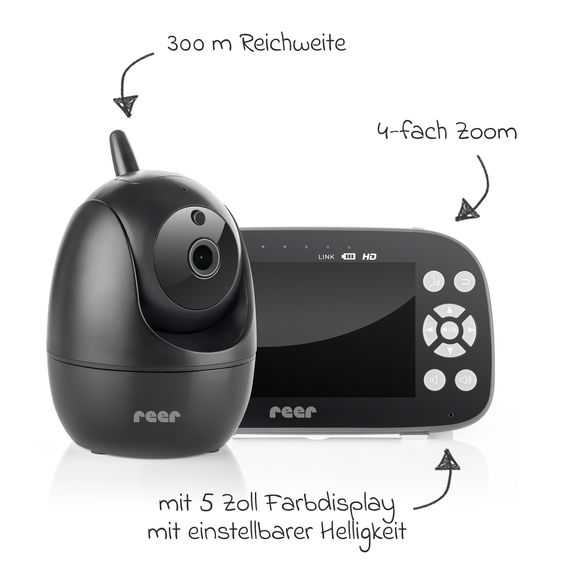 Reer Video-Babyphone BabyCam Pro HD Move mit Babyeinheit, Elternteil, 2 x USB-Kabel & 2 x Netzteil - Schwarz