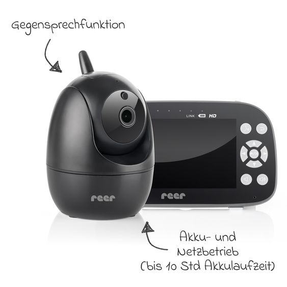 Reer Video-Babyphone BabyCam Pro HD Move mit Babyeinheit, Elternteil, 2 x USB-Kabel & 2 x Netzteil - Schwarz