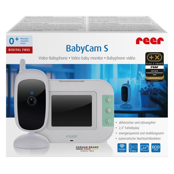 Reer Video-Babyphone BabyCam S mit Babyeinheit, Elternteil, 2 x USB-Kabel & 1 x Netzteil - Weiß / Türkis