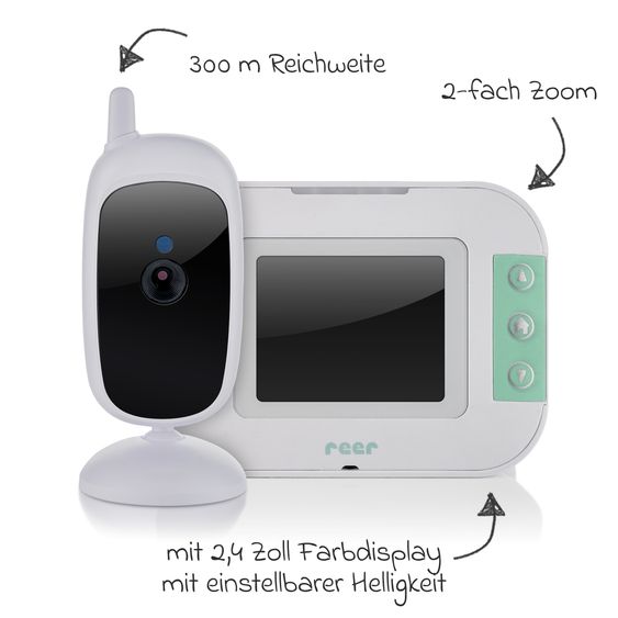 Reer Video-Babyphone BabyCam S mit Babyeinheit, Elternteil, 2 x USB-Kabel & 1 x Netzteil - Weiß / Türkis