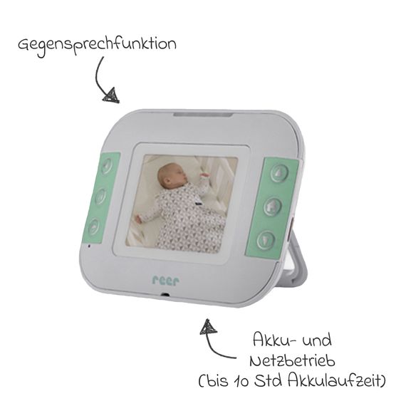 Reer Video-Babyphone BabyCam S mit Babyeinheit, Elternteil, 2 x USB-Kabel & 1 x Netzteil - Weiß / Türkis