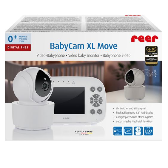Reer Video-Babyphone BabyCam XL XL Move mit Babyeinheit, Elternteil, 2 x USB-Kabel & 1 x Netzteil - Weiß / Grau