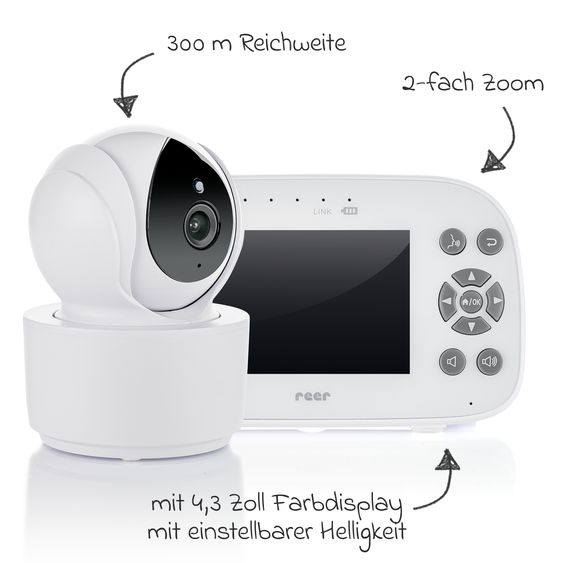 Reer Video-Babyphone BabyCam XL XL Move mit Babyeinheit, Elternteil, 2 x USB-Kabel & 1 x Netzteil - Weiß / Grau
