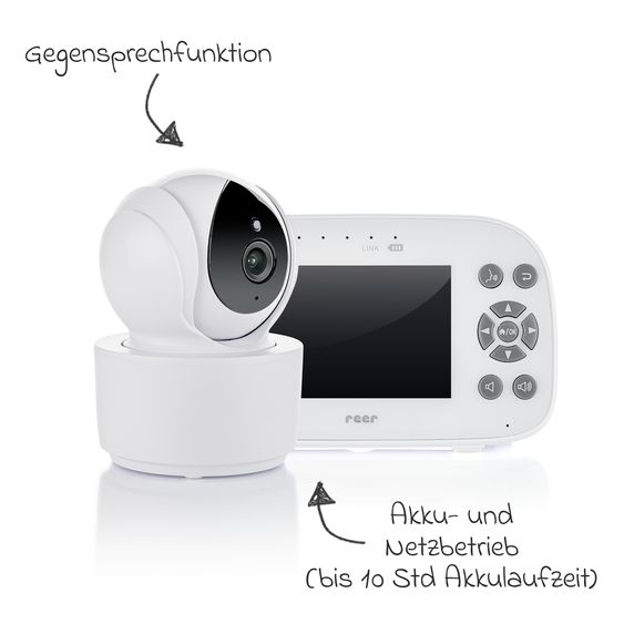 Reer Video-Babyphone BabyCam XL XL Move mit Babyeinheit, Elternteil, 2 x USB-Kabel & 1 x Netzteil - Weiß / Grau