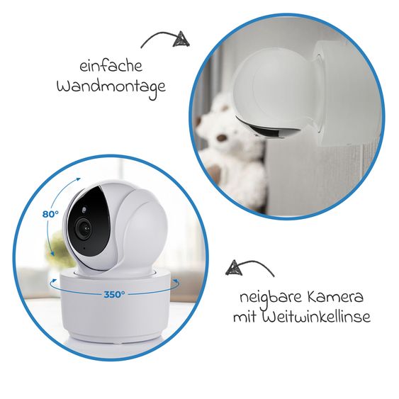 Reer Video-Babyphone BabyCam XL XL Move mit Babyeinheit, Elternteil, 2 x USB-Kabel & 1 x Netzteil - Weiß / Grau