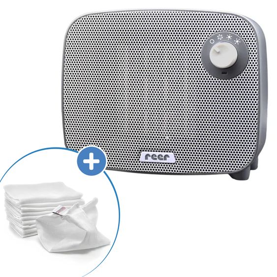 Reer Scaldasalviette / Termoventilatore 3in1 FeelWell Air - con funzione di raffreddamento incl. confezione da 10 guanti lavabili in mussola - Grigio Bianco