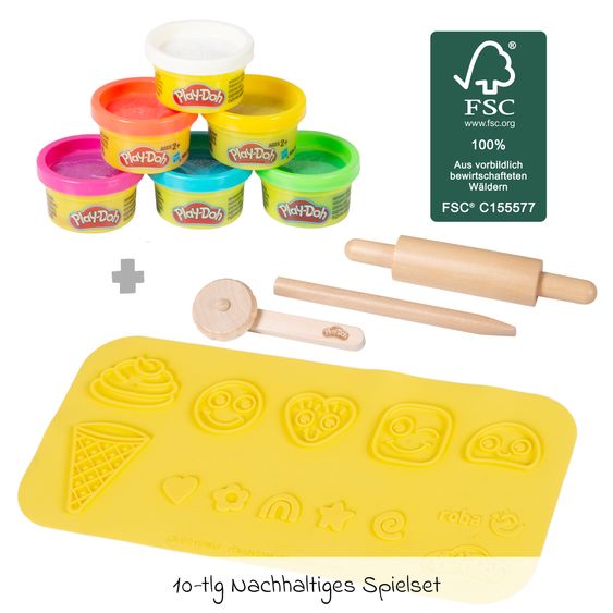 Roba 10-tlg. Nachhaltiges Spielset Roba + Play-Doh mit Bastelmatte 14,5 x 30 cm, 6 Dosen Knetmasse, Teigrolle, Pizzaschneider & Modelierwerkzeug