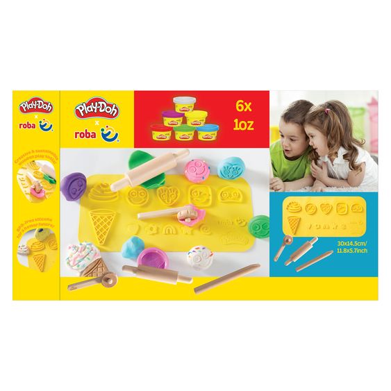 Roba 10-tlg. Nachhaltiges Spielset Roba + Play-Doh mit Bastelmatte 14,5 x 30 cm, 6 Dosen Knetmasse, Teigrolle, Pizzaschneider & Modelierwerkzeug