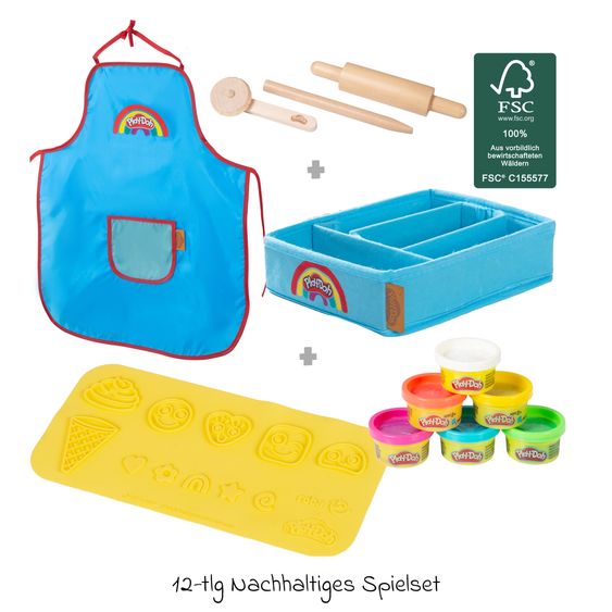 Roba 12-tlg. Nachhaltiges Spielset Roba + Play-Doh mit Bastelmatte 14,5 x 30 cm, Schürze, Box, 6 Dosen Knetmasse, Teigrolle, Pizzaschneider & Modelierwerkzeug