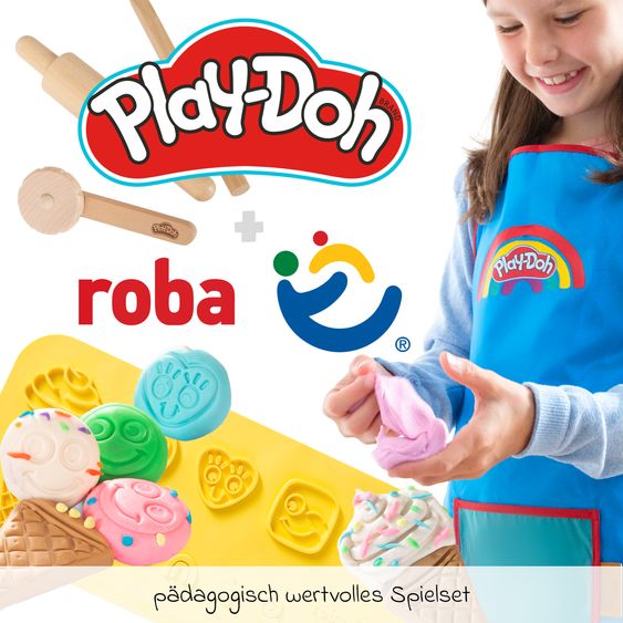 Roba 12-tlg. Nachhaltiges Spielset Roba + Play-Doh mit Bastelmatte 14,5 x 30 cm, Schürze, Box, 6 Dosen Knetmasse, Teigrolle, Pizzaschneider & Modelierwerkzeug