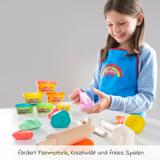 Roba 12-tlg. Nachhaltiges Spielset Roba + Play-Doh mit Bastelmatte 14,5 x 30 cm, Schürze, Box, 6 Dosen Knetmasse, Teigrolle, Pizzaschneider & Modelierwerkzeug