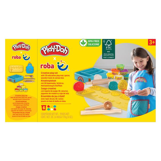 Roba 12-tlg. Nachhaltiges Spielset Roba + Play-Doh mit Bastelmatte 14,5 x 30 cm, Schürze, Box, 6 Dosen Knetmasse, Teigrolle, Pizzaschneider & Modelierwerkzeug