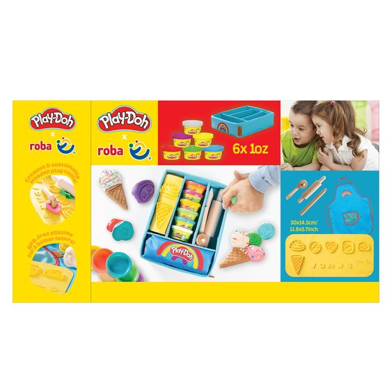 Roba 12-tlg. Nachhaltiges Spielset Roba + Play-Doh mit Bastelmatte 14,5 x 30 cm, Schürze, Box, 6 Dosen Knetmasse, Teigrolle, Pizzaschneider & Modelierwerkzeug
