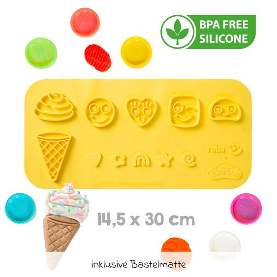 Roba 12-tlg. Nachhaltiges Spielset Roba + Play-Doh mit Bastelmatte 14,5 x 30 cm, Schürze, Box, 6 Dosen Knetmasse, Teigrolle, Pizzaschneider & Modelierwerkzeug
