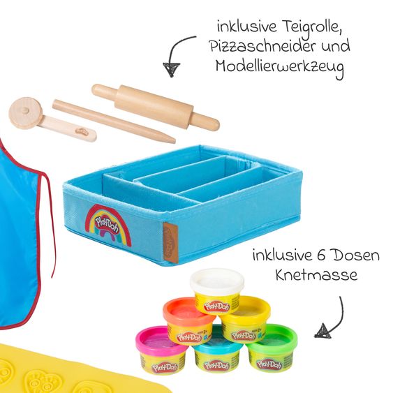 Roba 12-tlg. Nachhaltiges Spielset Roba + Play-Doh mit Bastelmatte 14,5 x 30 cm, Schürze, Box, 6 Dosen Knetmasse, Teigrolle, Pizzaschneider & Modelierwerkzeug