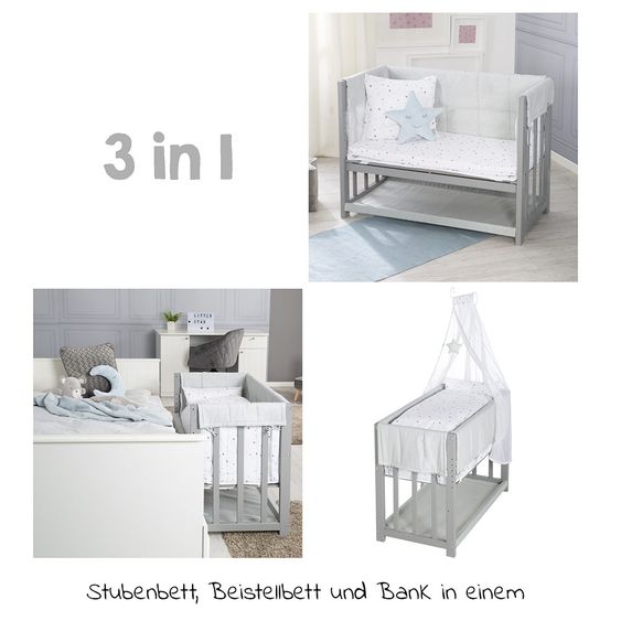 Roba 3in1 bassinet, extra bed, bench & textile equipment - star magic gray - taupe