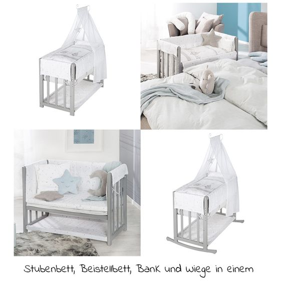 Roba 4in1 Stubenbett,  Beistellbett, Wiege und Bank & Textile-Ausstattung - Sternenzauber - Grau