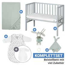 6-tlg. Beistellbett-Komplett-Set mit Canvas-Barriere, Matratze 90 x 45 cm, Spannbetttuch, 2-tlg-Schlafsack, Schmusetuch & Spieluhr 47 x 99,5 cm - Taupe