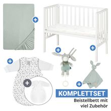 6-tlg. Beistellbett-Komplett-Set mit Canvas-Barriere, Matratze 90 x 45 cm, Spannbetttuch, 2-tlg-Schlafsack, Schmusetuch & Spieluhr 47 x 99,5 cm - Weiß