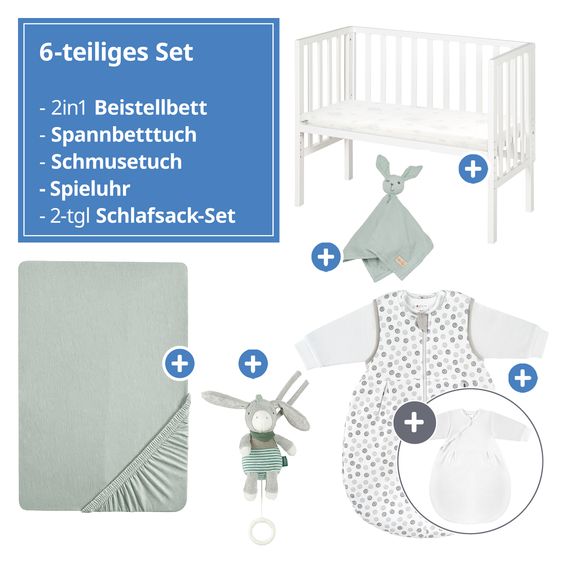 Roba 6-tlg. Beistellbett-Komplett-Set mit Canvas-Barriere, Matratze 90 x 45 cm, Spannbetttuch, 2-tlg-Schlafsack, Schmusetuch & Spieluhr 47 x 99,5 cm - Weiß