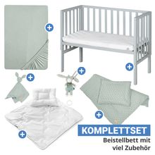 8-tlg. Beistellbett-Komplett-Set mit Canvas-Barriere, Matratze 90 x 45 cm, Spannbetttuch, Steppbett, Bettwäsche, Schmusetuch & Spieluhr 47 x 99,5 cm - Taupe