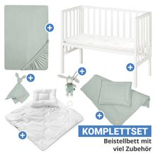 8-tlg. Beistellbett-Komplett-Set mit Canvas-Barriere, Matratze 90 x 45 cm, Spannbetttuch, Steppbett, Bettwäsche, Schmusetuch & Spieluhr 47 x 99,5 cm - Weiß