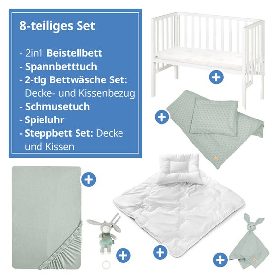 Roba 8-tlg. Beistellbett-Komplett-Set mit Canvas-Barriere, Matratze 90 x 45 cm, Spannbetttuch, Steppbett, Bettwäsche, Schmusetuch & Spieluhr 47 x 99,5 cm - Weiß