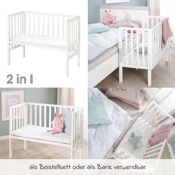 Roba 8-tlg. Beistellbett-Komplett-Set mit Canvas-Barriere, Matratze 90 x 45 cm, Spannbetttuch, Steppbett, Bettwäsche, Schmusetuch & Spieluhr 47 x 99,5 cm - Weiß