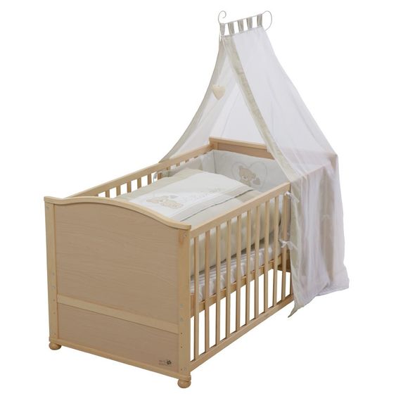 Roba Baby-Komplett-Bett Lukas inkl. Bettwäsche, Himmel, Himmelstange, Nestchen & Matratze Natur 70 x 140 cm - Liebhabär