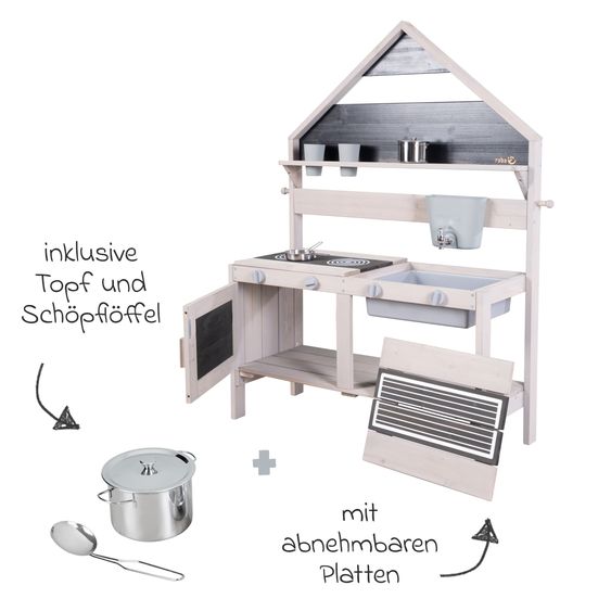 Roba Große Spiel- und Matschküche in Hausoptik mit Spielwanne, 2 Herdplatte, Wasserbehälter mit Wasserhahn, Backofen mit Tür inkl. Zubehör - Grau