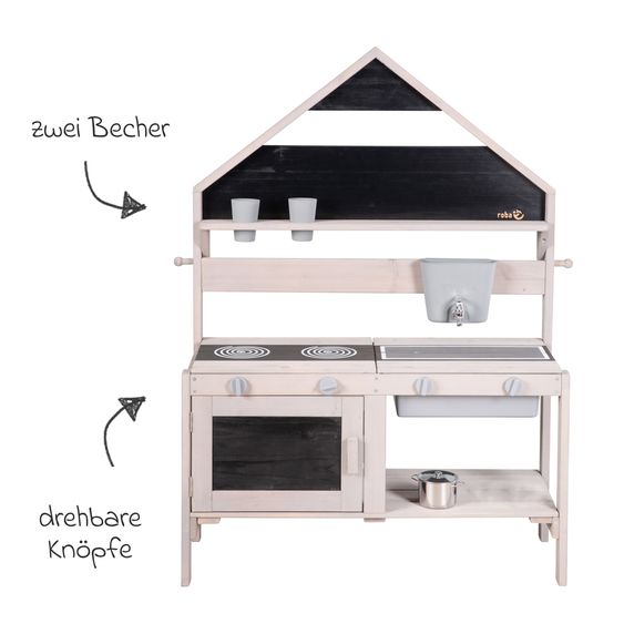 Roba Große Spiel- und Matschküche in Hausoptik mit Spielwanne, 2 Herdplatte, Wasserbehälter mit Wasserhahn, Backofen mit Tür inkl. Zubehör - Grau