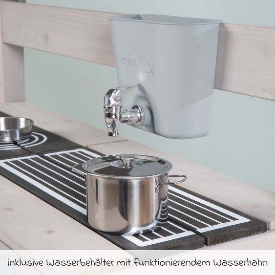 Roba Große Spiel- und Matschküche in Hausoptik mit Spielwanne, 2 Herdplatte, Wasserbehälter mit Wasserhahn, Backofen mit Tür inkl. Zubehör - Grau