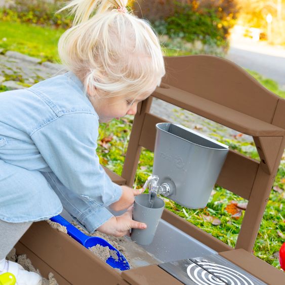 Roba Große Spiel- und Matschküche zum Hängen mit Spielwanne, Herdplatte, Wasserbehälter mit Wasserhahn - Teakholzfarben