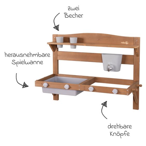 Roba Große Spiel- und Matschküche zum Hängen mit Spielwanne, Herdplatte, Wasserbehälter mit Wasserhahn - Teakholzfarben