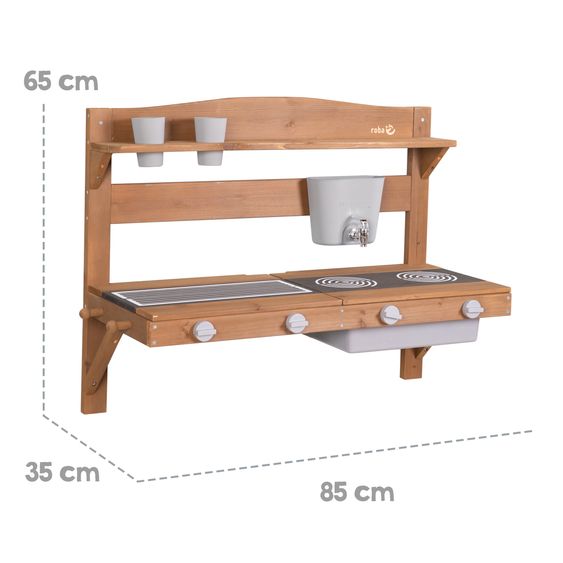 Roba Große Spiel- und Matschküche zum Hängen mit Spielwanne, Herdplatte, Wasserbehälter mit Wasserhahn - Teakholzfarben