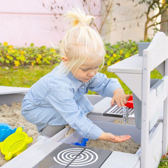 Roba Große Spielküche mit Spielwanne, 2 Herdplatten, Wasserbehälter mit Wasserhahn inkl. Zubehör - Grau